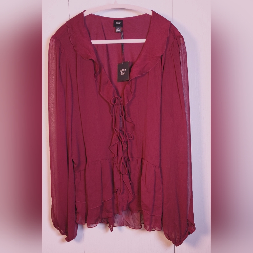 Autres Filles Plum Ruffle Sheer Blouse NWT Size 3X Flowy Romantic Front Tie Top